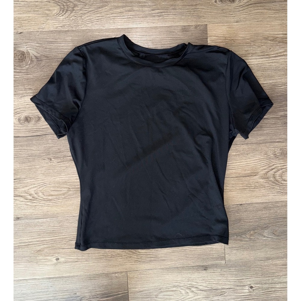 Trendy Queen Womens Black Short Sleeve Crew Neck Athletic Compression Top Large